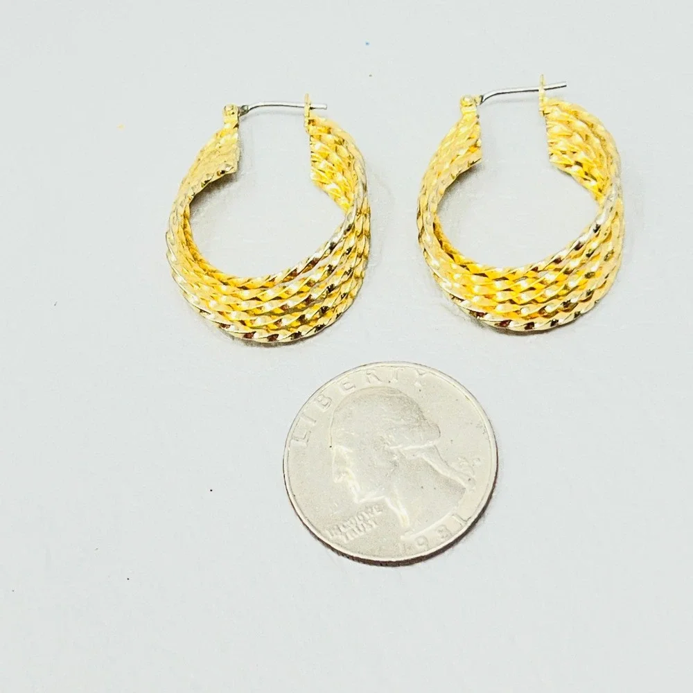 Gold Tone Twisted Multi‎ Strand Hoop Earrings Textured Basketweave Style